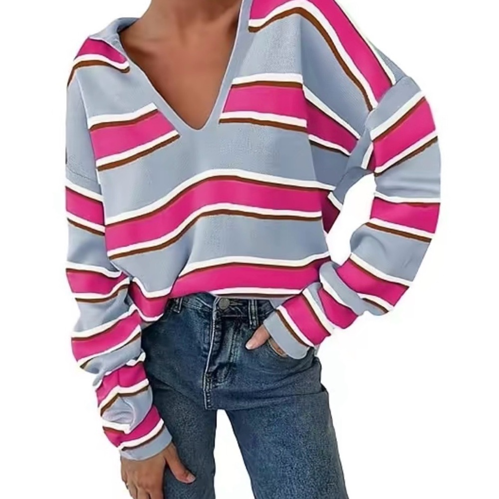 Striped V-Neck Pullover Sweater - Pink, Light Blue  Stripes Sz S